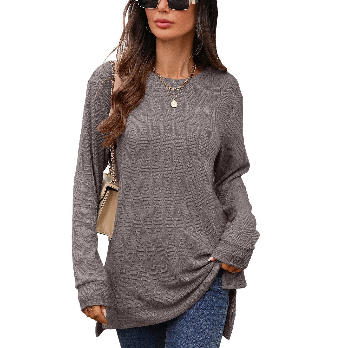 Women's Oversized Geometric Tunic Top Side Slit Long Sleeve