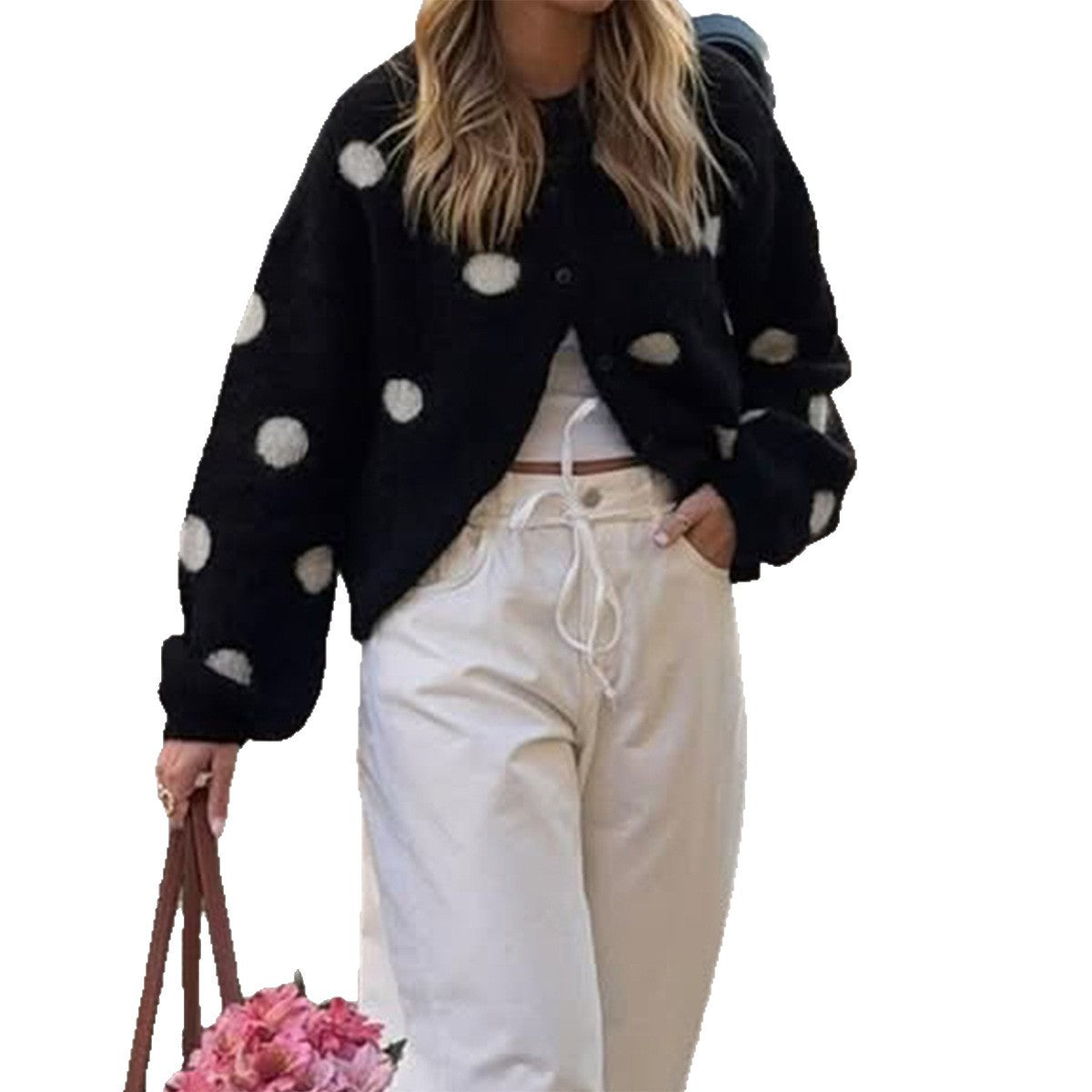 Women's Fuzzy Polka Dot Oversized Button Front Cardigan