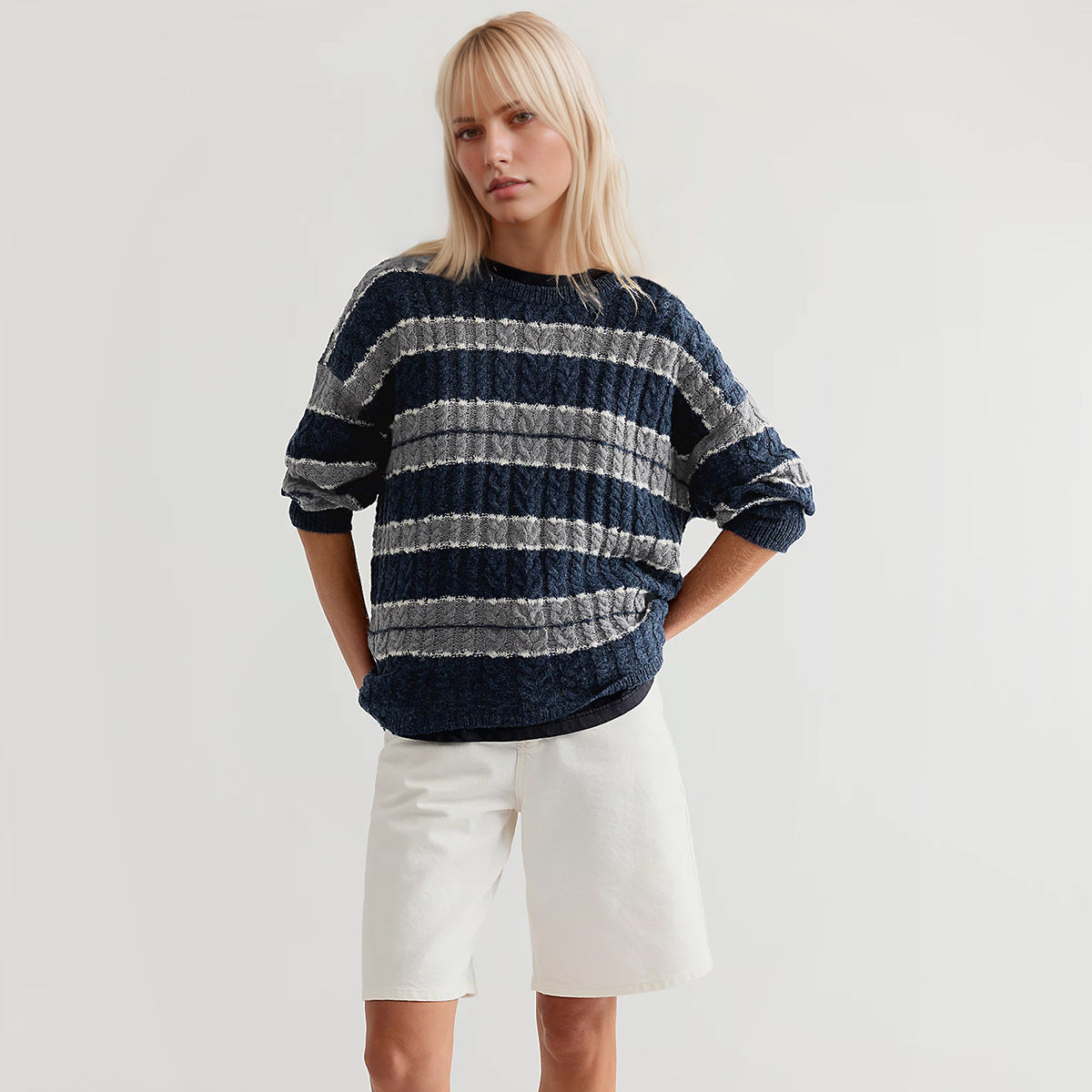 Women's Oversized Striped Cable Knit Pullover Sweater