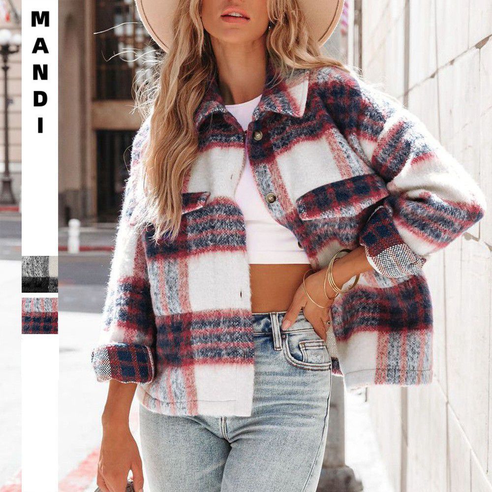 Plaid Mohair Wool Short Coat Thick Fall Winter Jacket