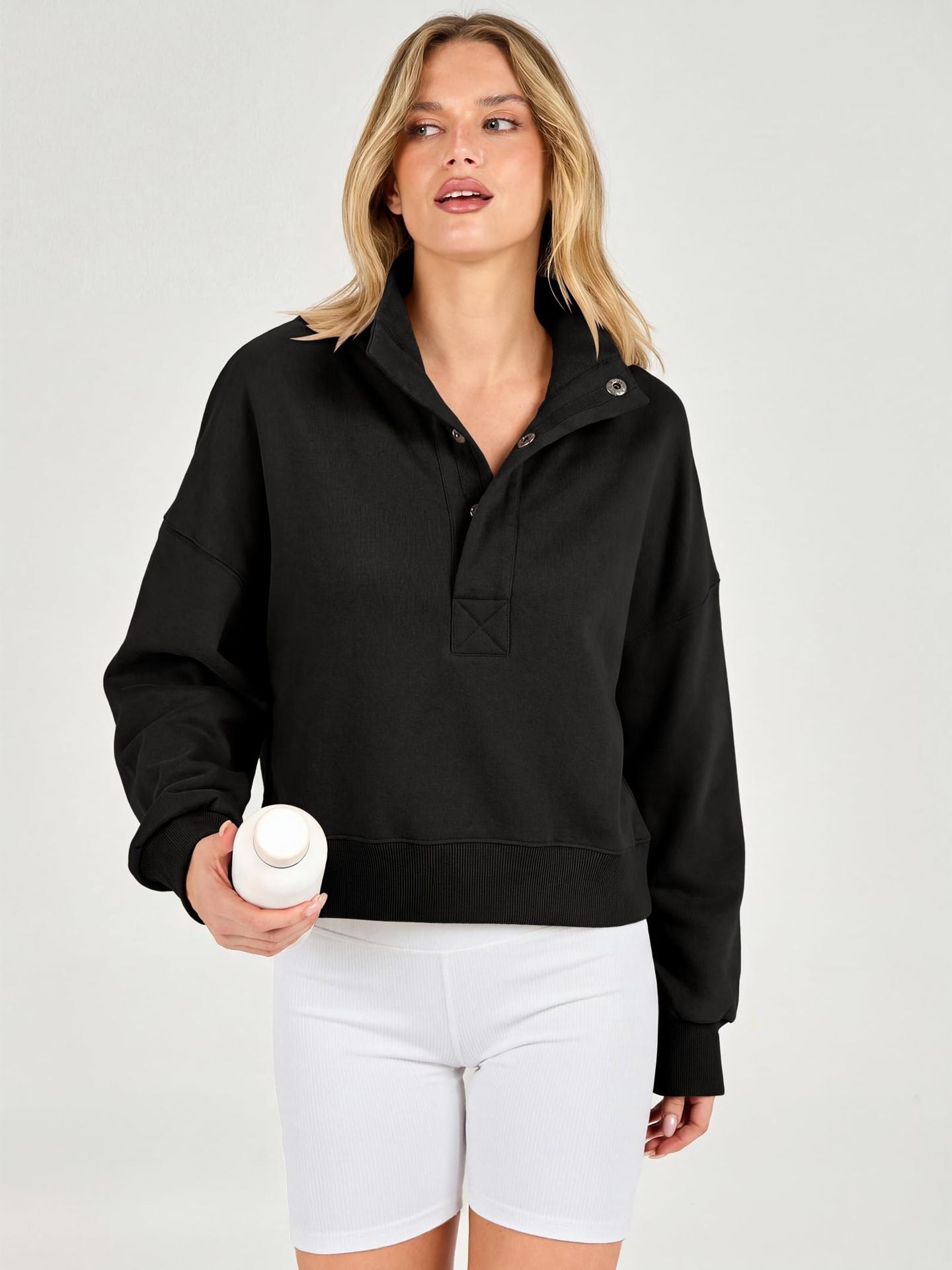 Cropped Henley Sweatshirt Collared Relaxed Fit