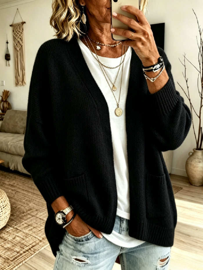 Womens Oversized Chunky Knit Cardigan Open Front Pockets