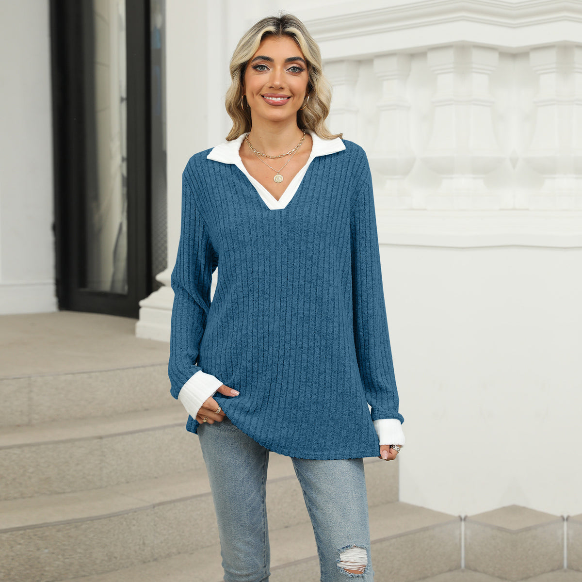 Women's Color Block Collar Long Sleeve Oversized Knit Top