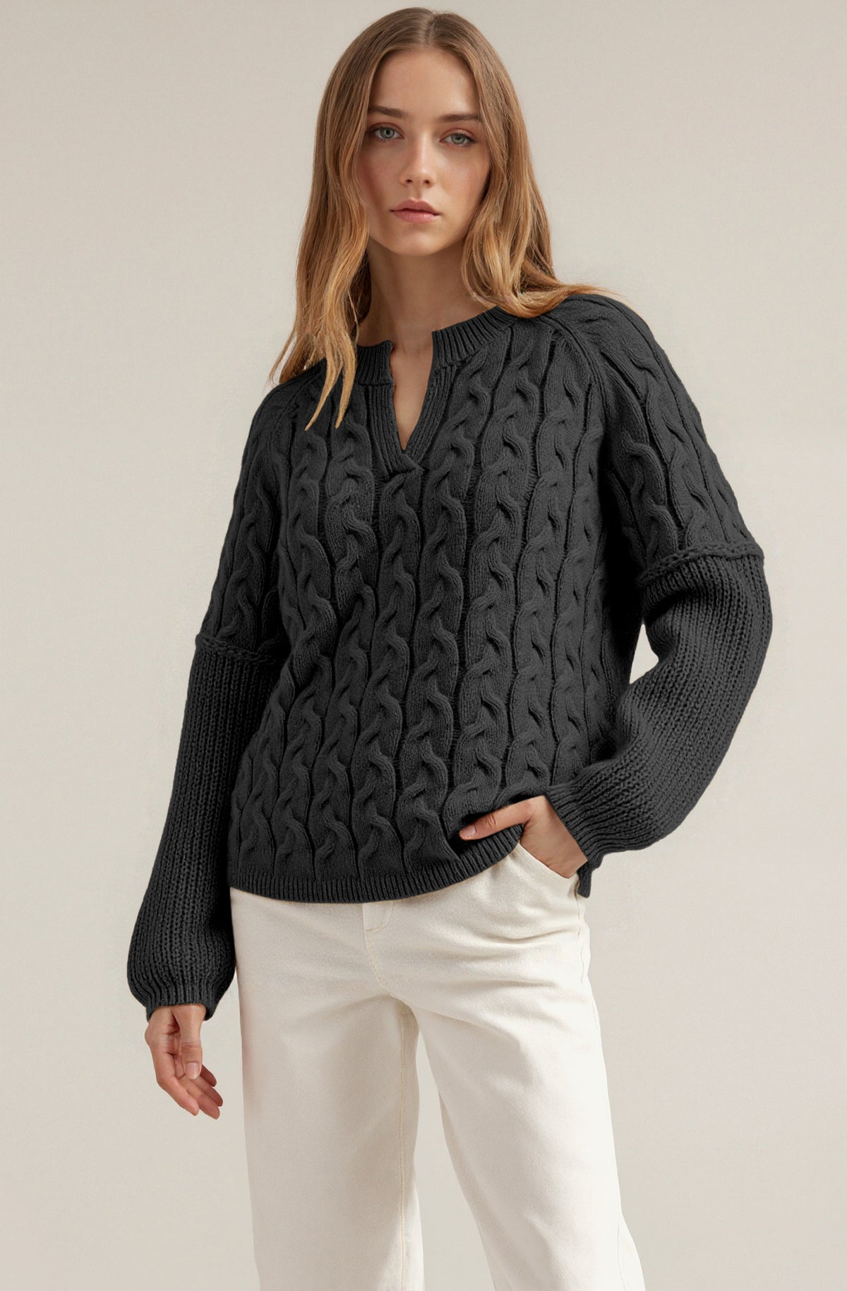 Women's Chunky Cable Knit V Neck Pullover Sweater