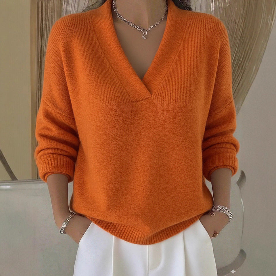 Women’s V Neck Knit Sweater Long Sleeve Loose Pullover Top