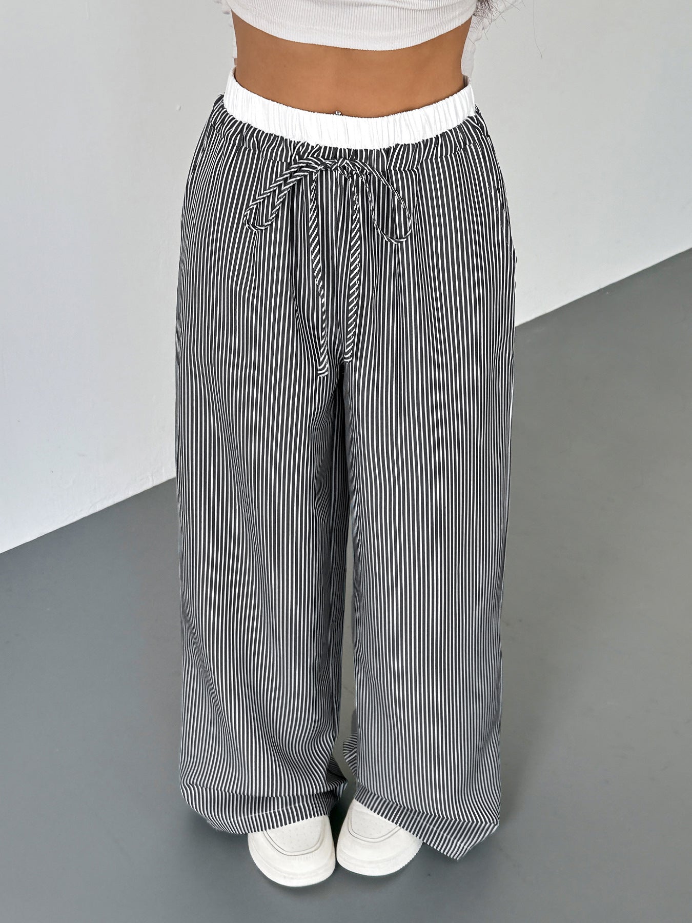 Striped Wide Leg Pants High Waist Casual Long Trousers