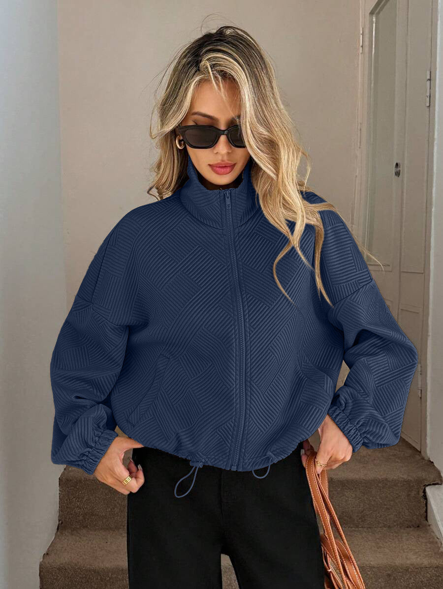 Textured Polyester Jacket Casual Bomber Oversized Zip Up