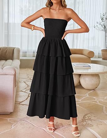 Strapless Smocked Tiered Maxi Dress for Summer Parties