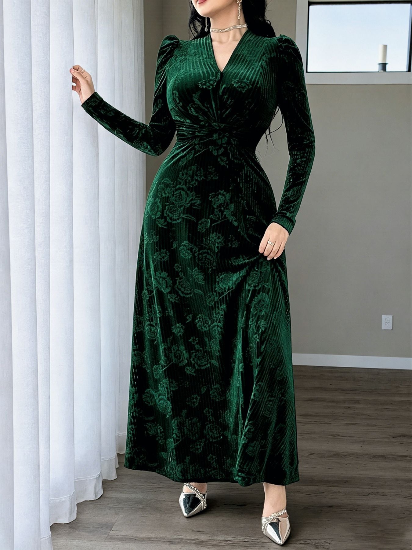 Plus Size Floral Velvet V Neck Maxi Dress