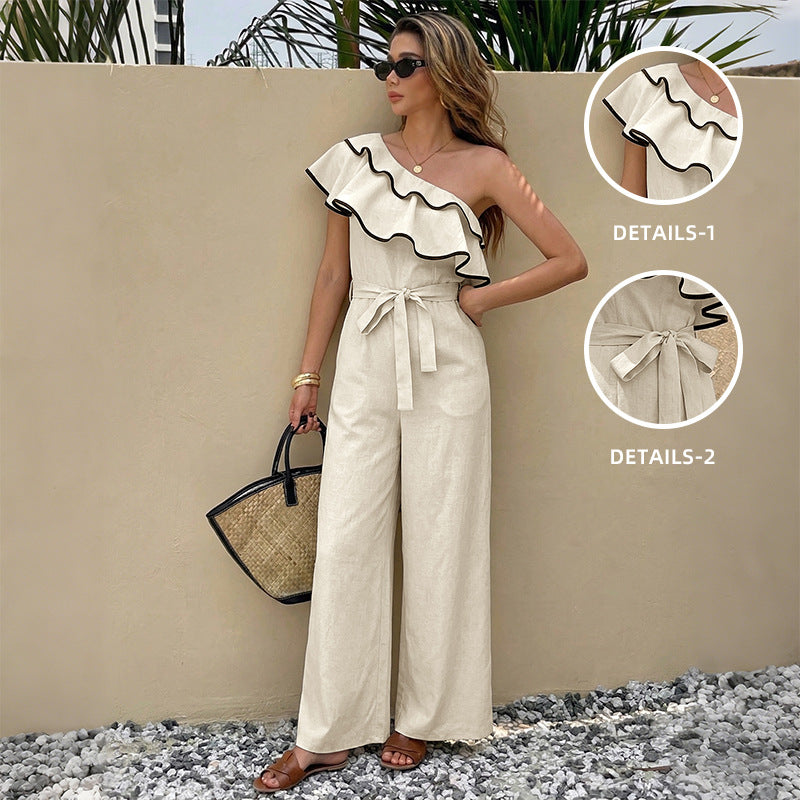 Women One Shoulder Ruffle Wide Leg Jumpsuit