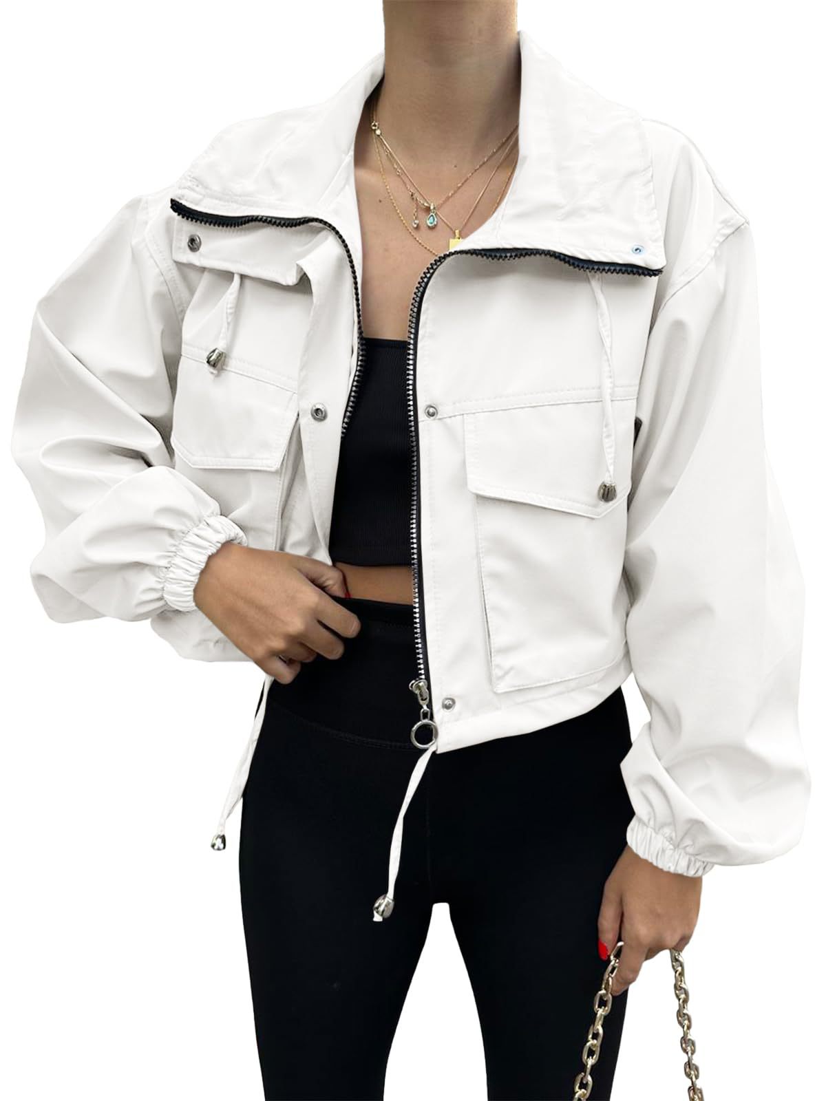 Solid Cropped Windbreaker Utility Jacket