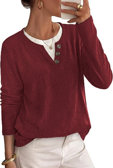 Women's Color Block Ribbed Button Long Sleeve Top