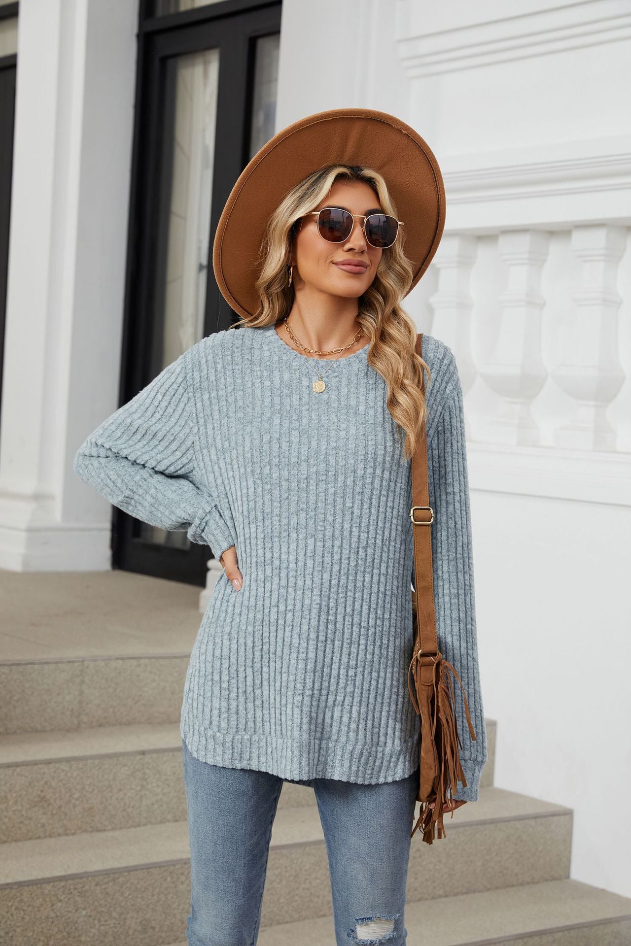 Solid Color Round Neck Long-sleeved Polished Loose T-shirt