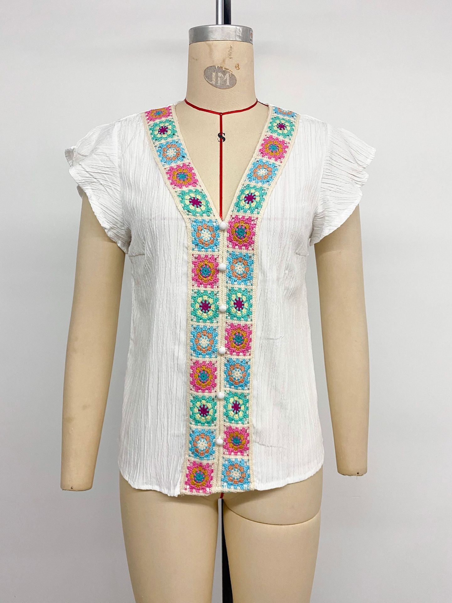 Boho Embroidered V Neck Flutter Sleeve Summer Blouse