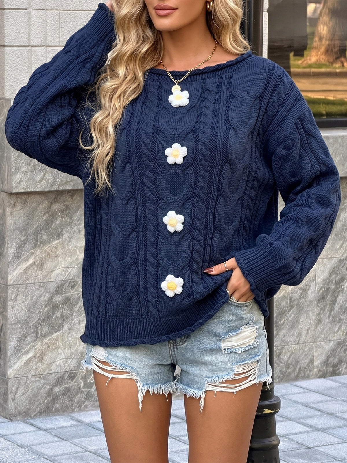 Women's Crochet Floral Sweater Off Shoulder Lantern Sleeve