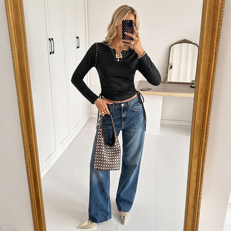 Solid Ribbed Top V Neck Long Sleeve Ruched Slim Fit