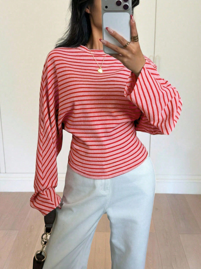 Women's Striped Batwing Waffle Knit Long Sleeve Top