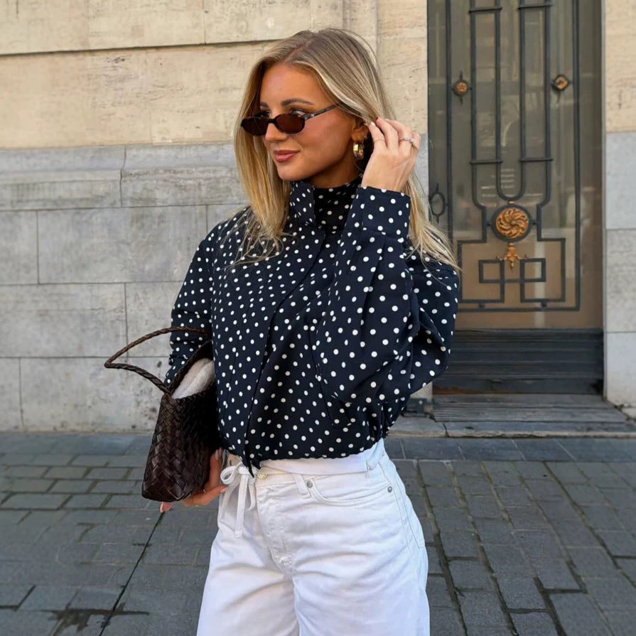 Women's Polka Dot Zip Jacket Stand Collar Casual Streetwear
