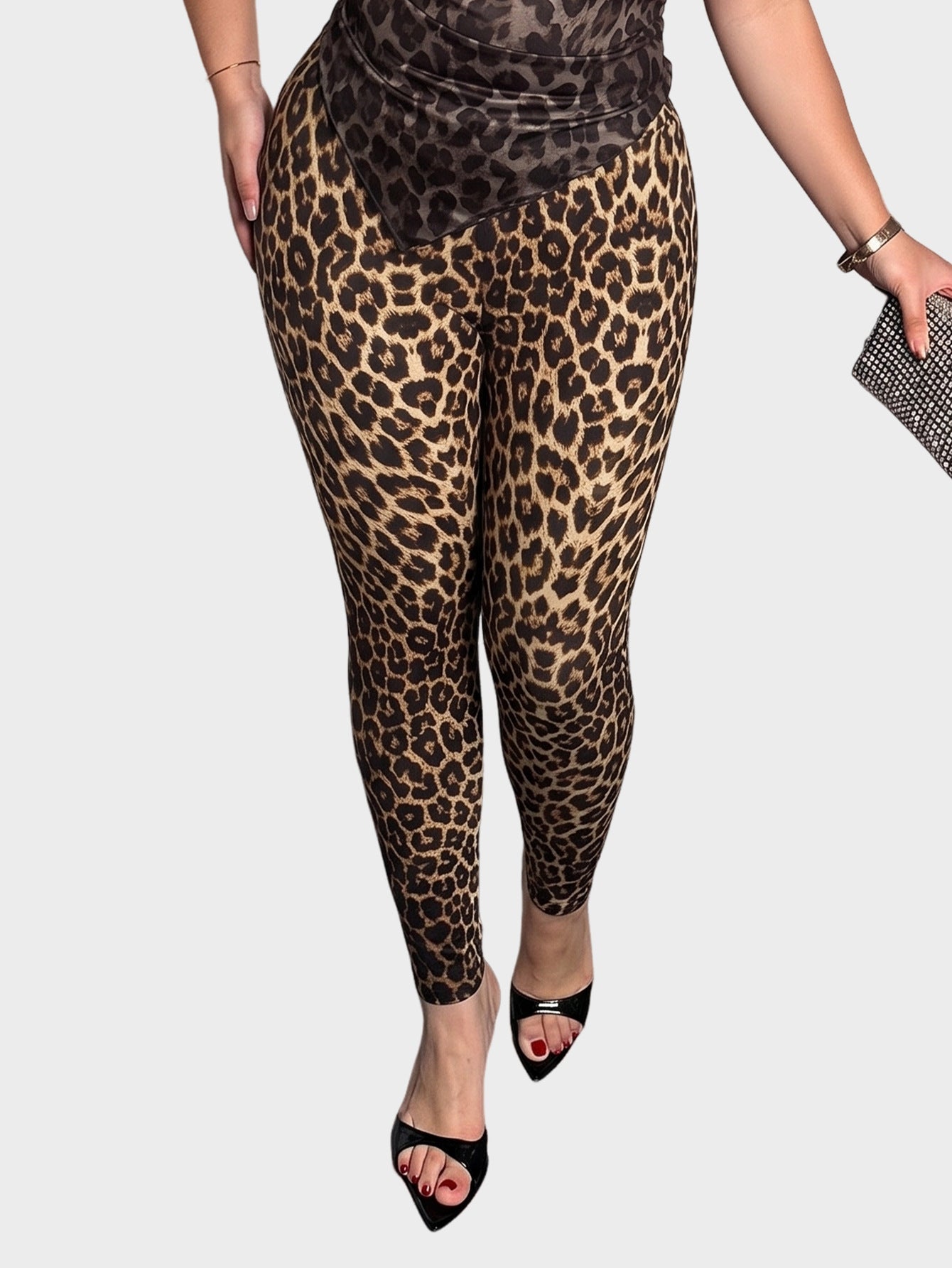 Leopard Print Faux Leather Leggings High Waist Slim Fit