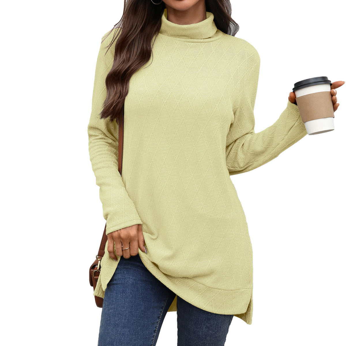 Oversized Turtleneck Long Sleeve Side Slit Tunic Top