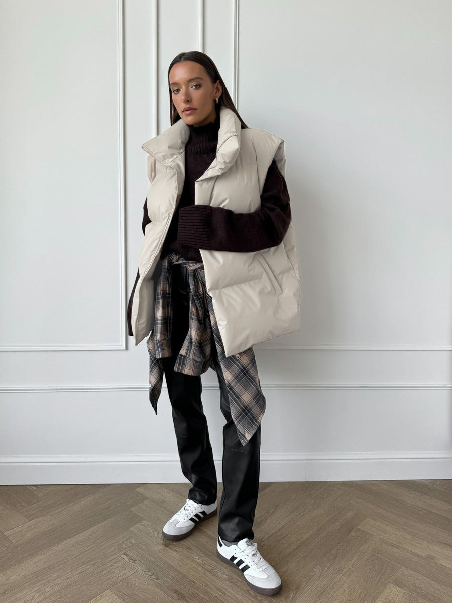 Oversized Longline Puffer Vest High Collar Zip Front