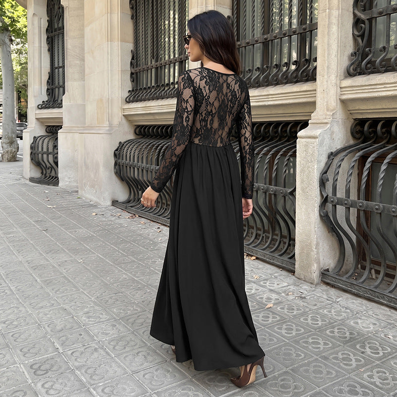 Square Neck Lace Sleeve Maxi Dress