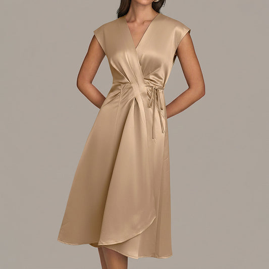 Elegant Sleeveless Satin Wrap Dress with Tie Waist for Women
