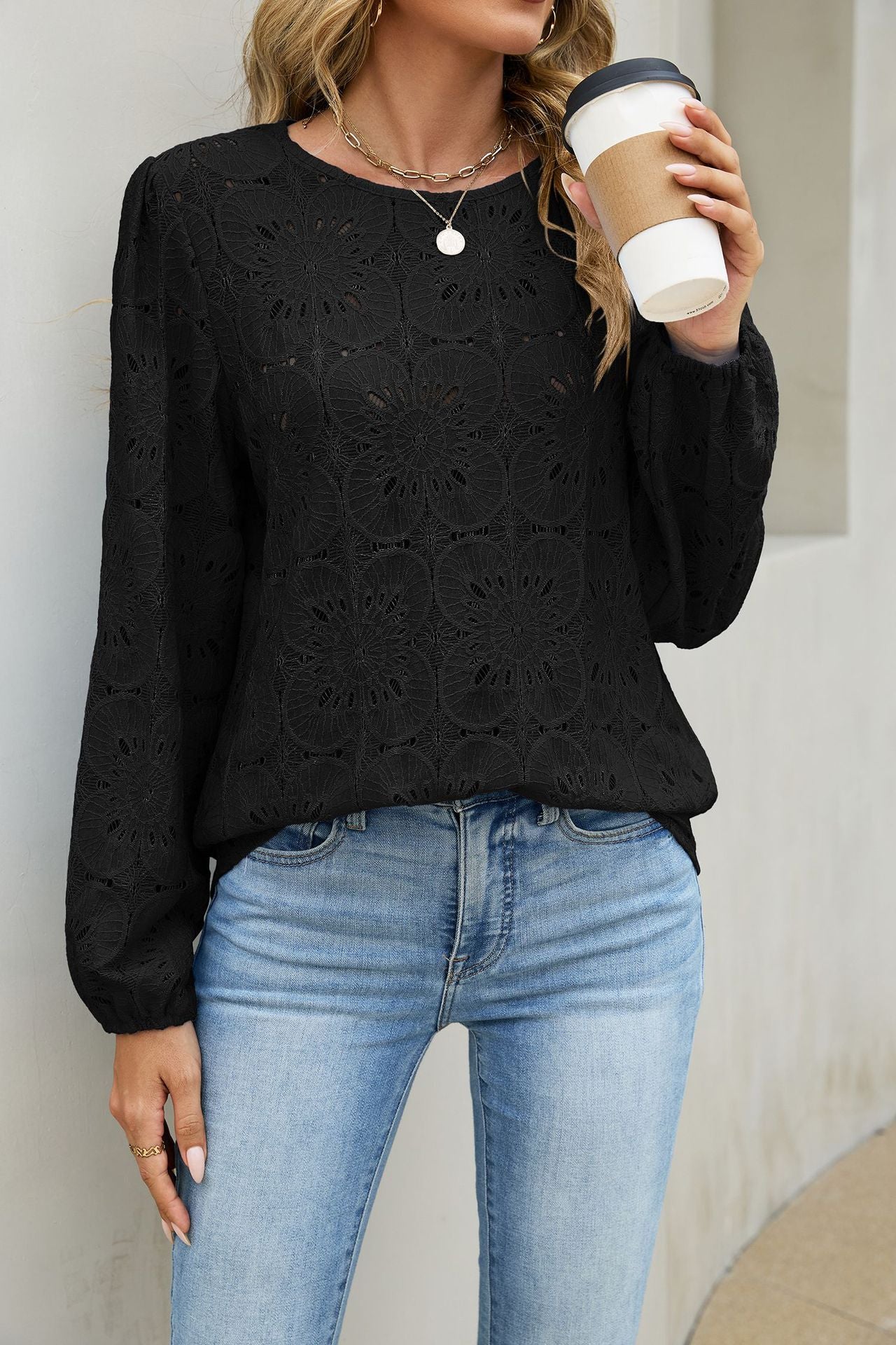 Eyelet Lace V Neck Top Long Sleeve Loose Casual Blouse