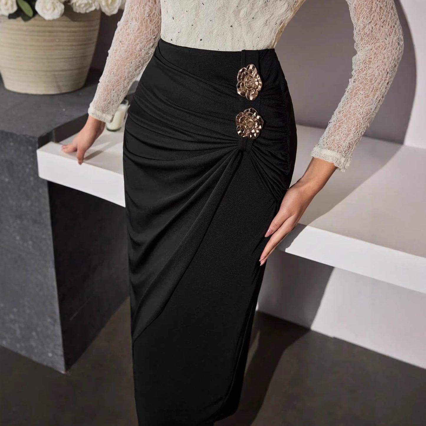 Black Ruched High Waist Midi Skirt with Gold Accent Detail