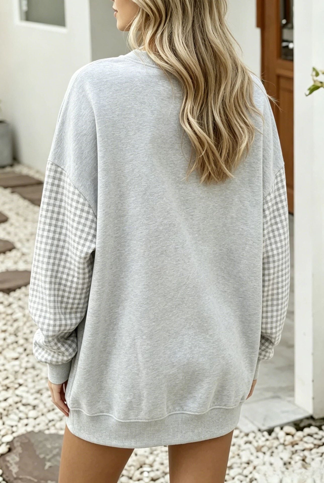Gingham Knit Sweatshirt Oversized Colorblock Pullover