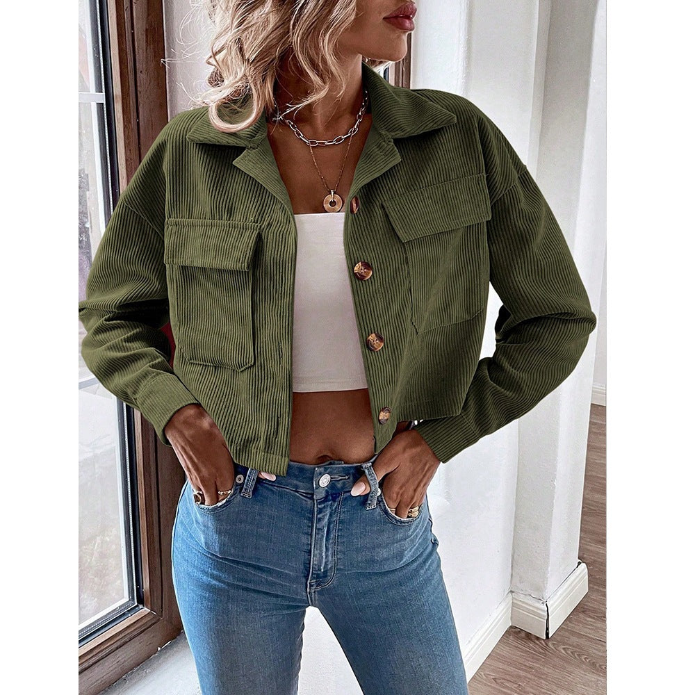 Women Corduroy Cropped Shacket Button Up Jacket