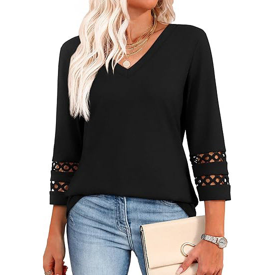 Women’s V Neck 3/4 Sleeve Lace Trim Casual Top