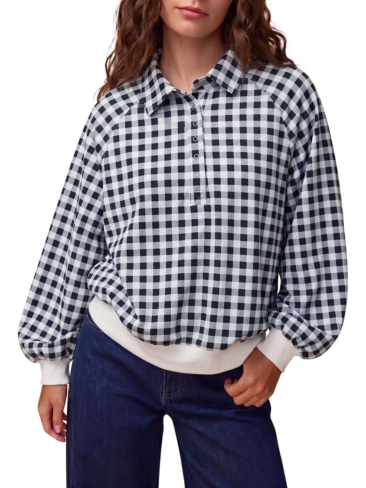 Women's Gingham Polo Oversized Pullover Sweatshirt