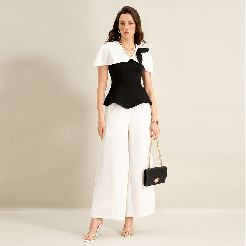 Elegant Black White Contrast Two Piece Pant Set