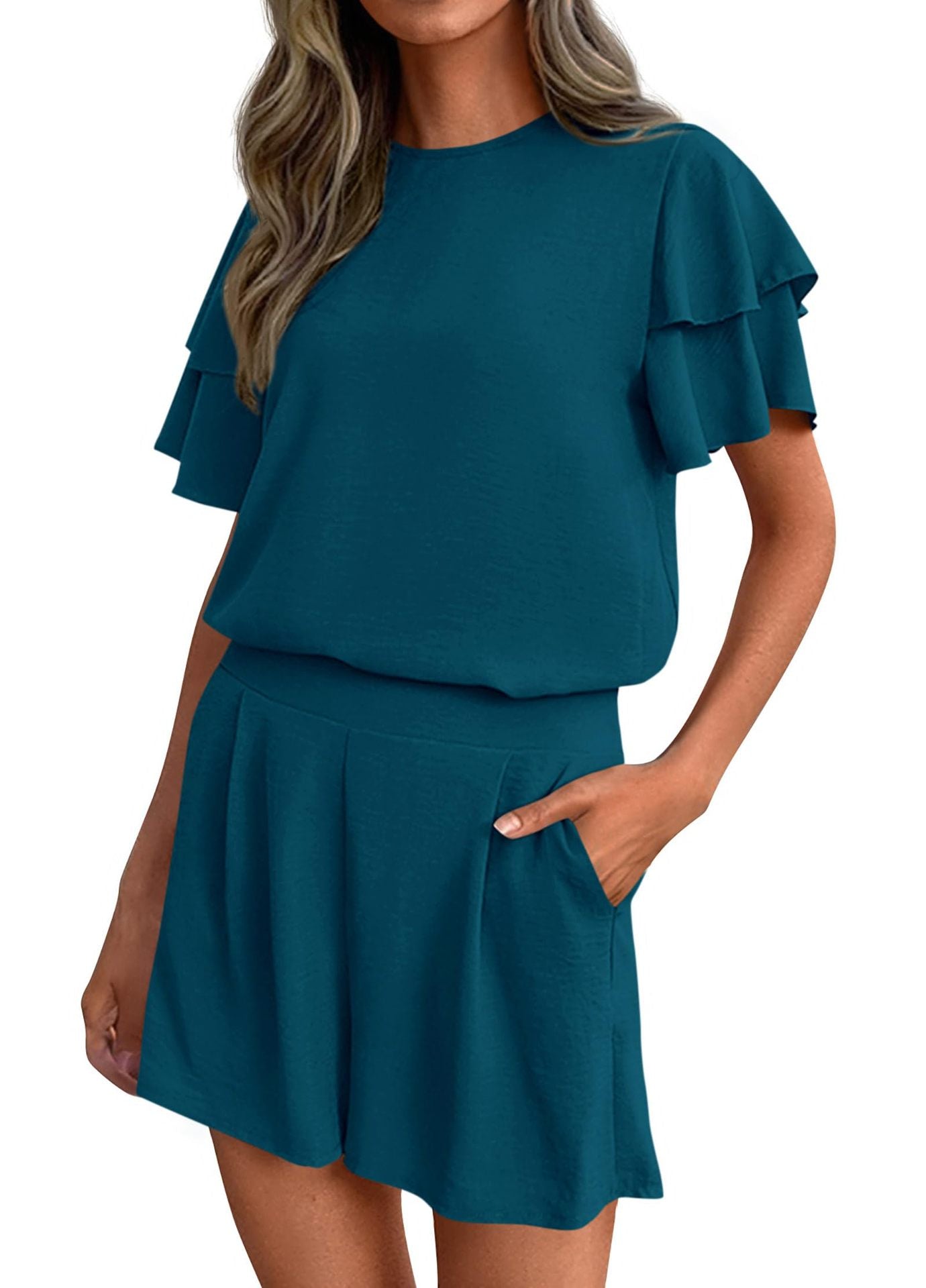 Casual Solid Ruffle Sleeve Short Set Lounge Outfit
