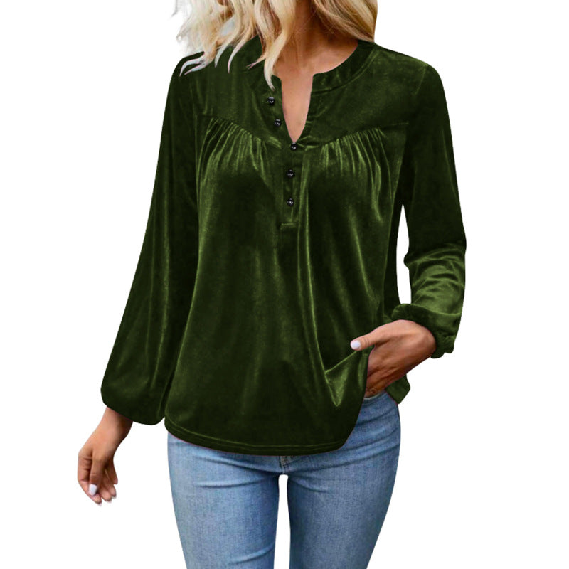 Velvet Henley Top Button Front Long Sleeve Relaxed Fit