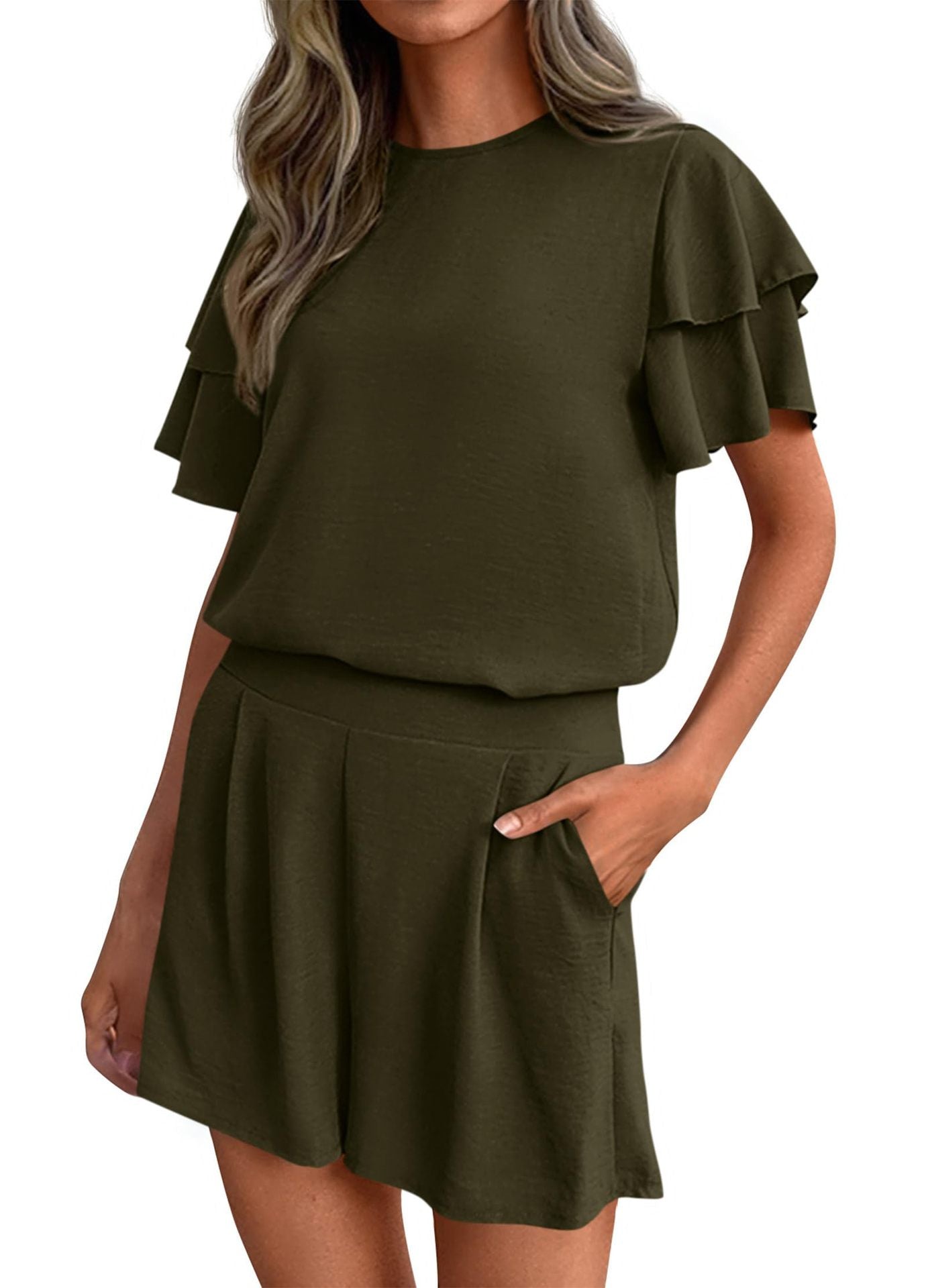 Casual Solid Ruffle Sleeve Short Set Lounge Outfit