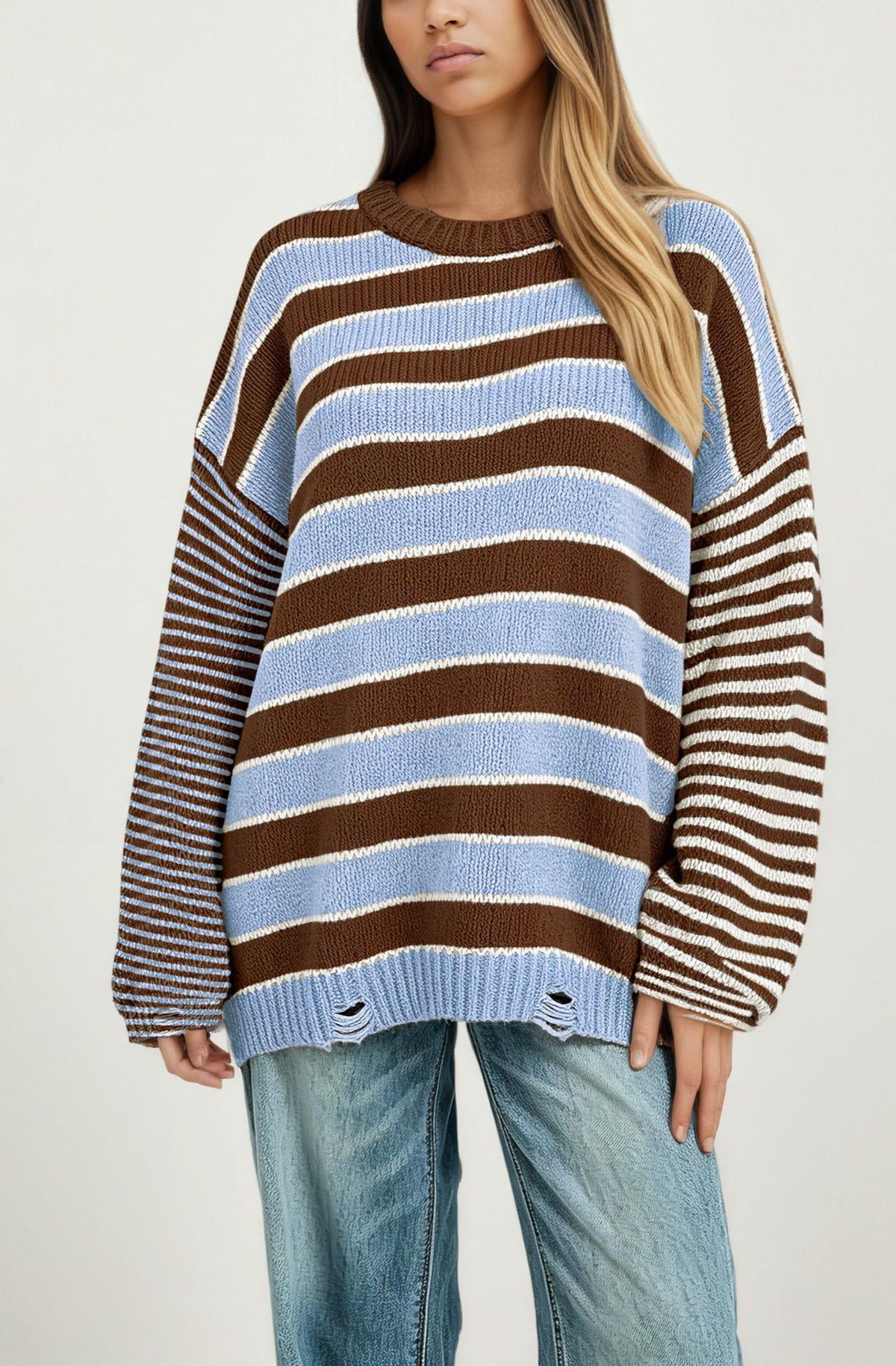Womens Oversized Striped Crewneck Pullover Sweater