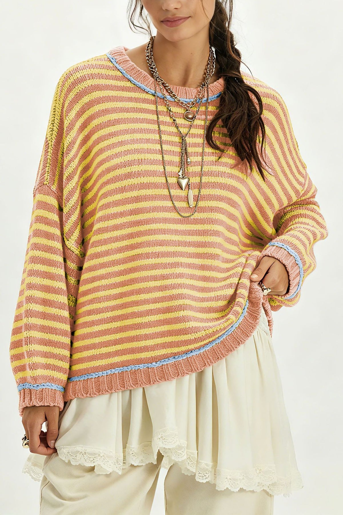 Oversized Color Block Striped Sweater Balloon Sleeve