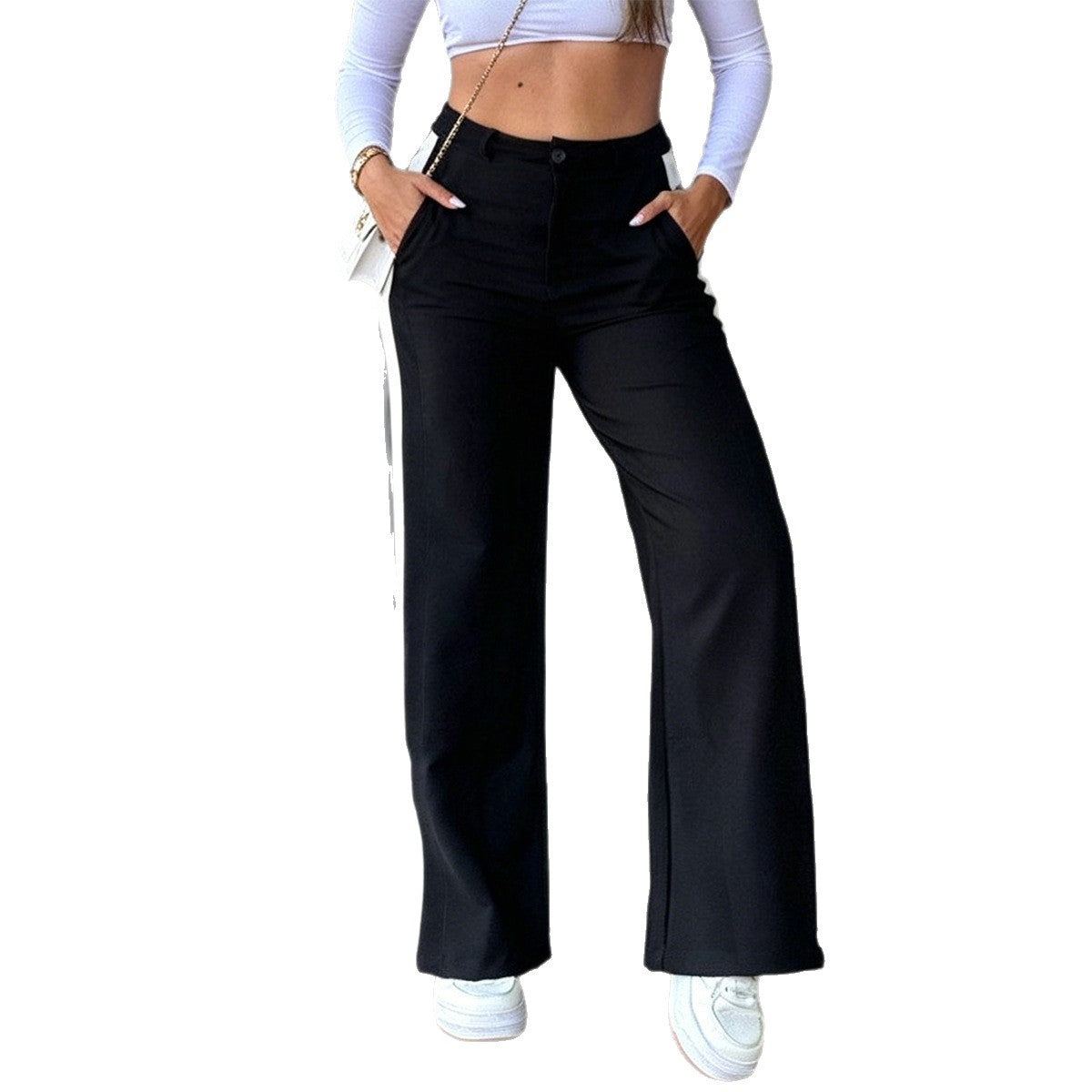High Waisted Side Stripe Wide Leg Pants Black