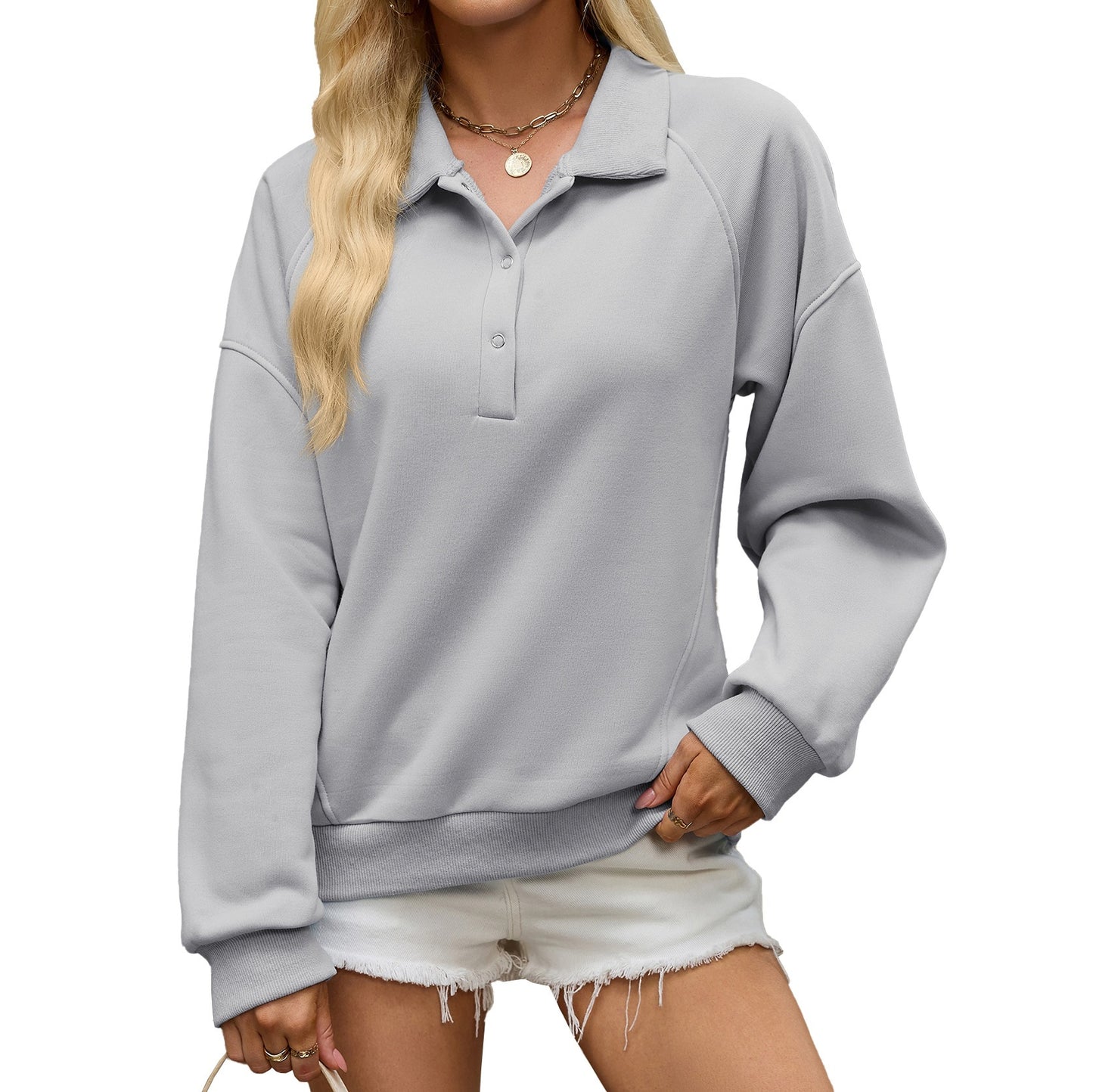 Half Snap Pullover Sweatshirt Collared Casual Top