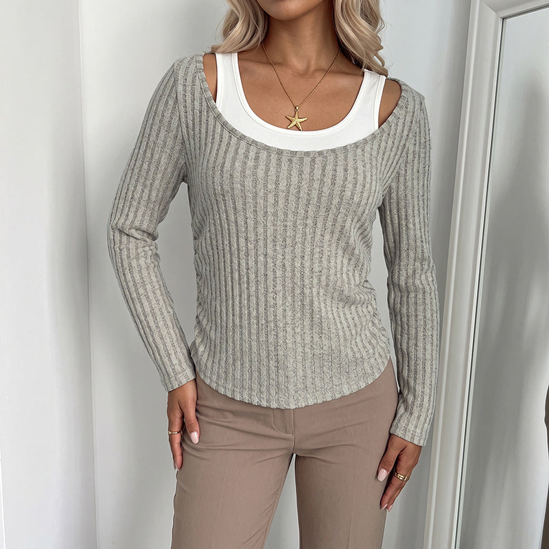 Colorblock Ribbed Top Casual Faux Layered Slim Fit