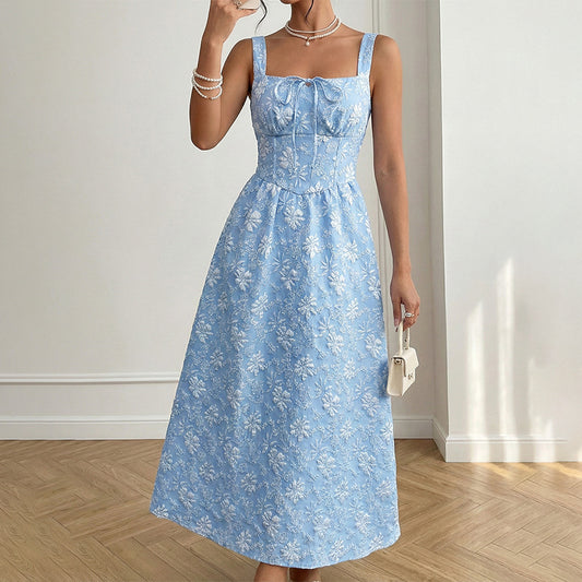 Floral Jacquard Midi Dress Square Neck A Line