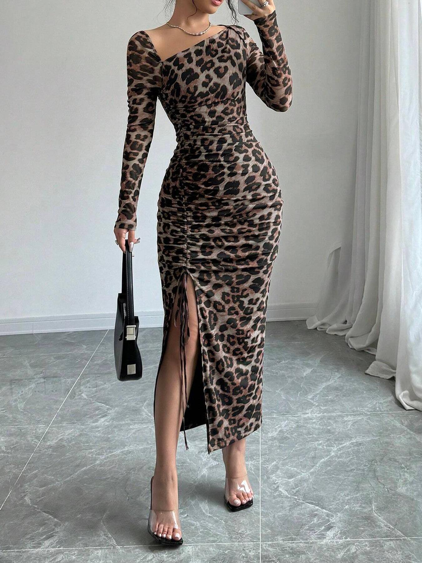 Women’s Leopard Print Bodycon Midi Dress Long Sleeve Ruched