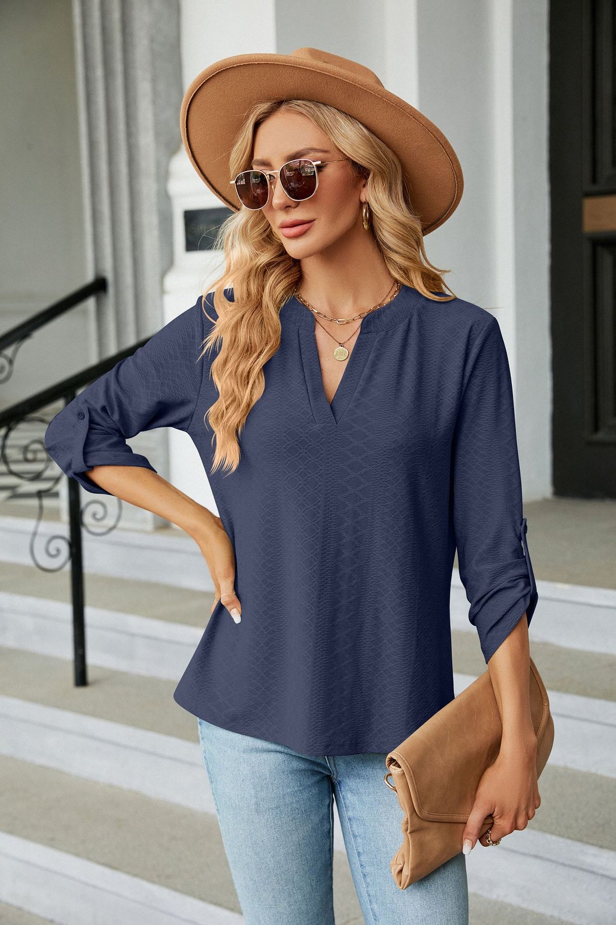 Women's V Neck 3/4 Sleeve Button Loose Fit Blouse Top
