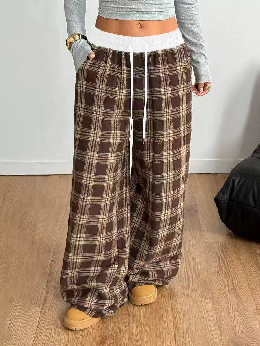 Plaid Wide Leg Pants Drawstring Elastic Waist Casual