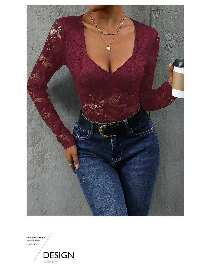 Floral Lace Long Sleeve V Neck Bodysuit