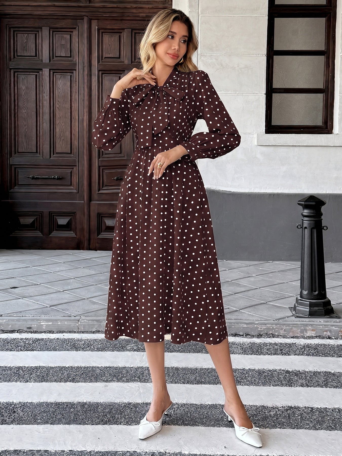 Polka Dot Bow Tie Neck Dress Long Sleeve Vintage Midi