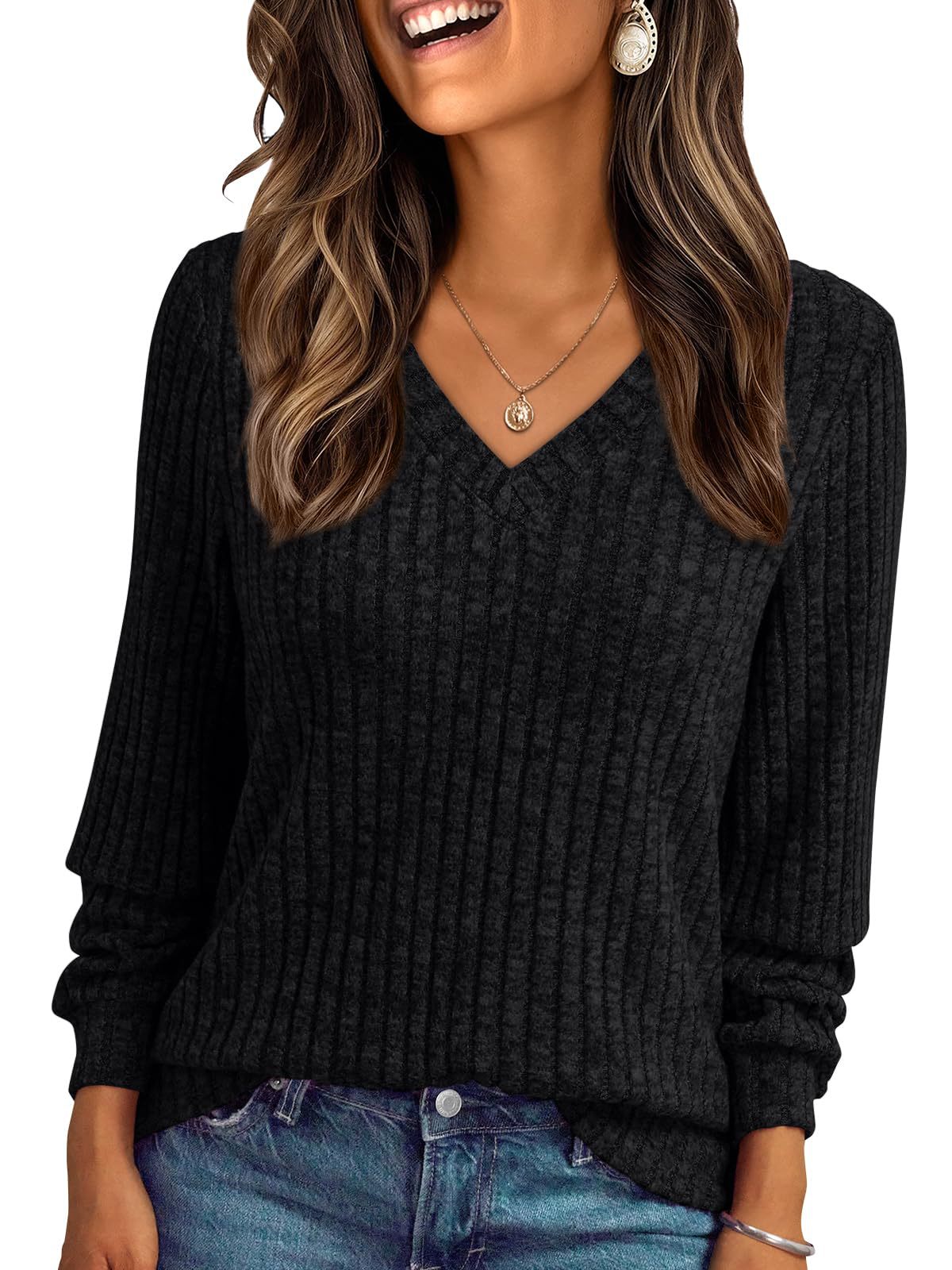 Women's Oversized V-Neck Long Sleeve Ribbed Pullover Top