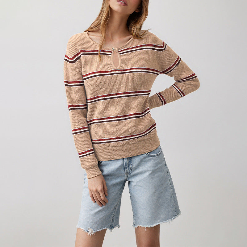 Women's Striped Keyhole Crew Neck Knit Sweater